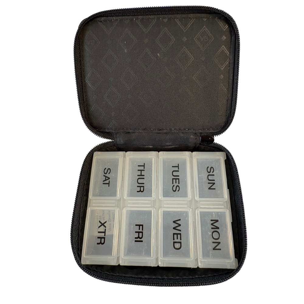 Vera Bradley Night Owl Floral Travel Pill Case Organizer Black Blue‎ White 14555